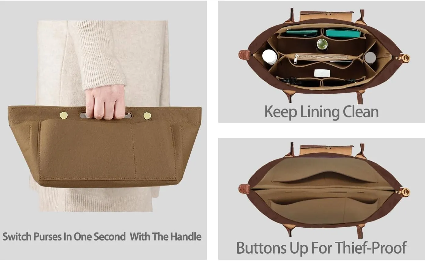 Purse Organizer Insert for le pliage Tote，Handbag Organizer Compatible with le pliage Shoulder Bag Large/Small,LE PLIAGE Top Handle Small/Medium (Lighting Coffee, Medium)