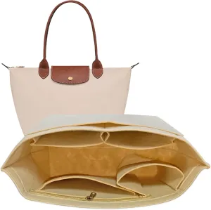 Purse Organizer Insert for Longchamp Bag, Handbag Organizer Divider Pocket and Zipper Inner for le pliage Tote Shoulder Bag (Beige, Small)