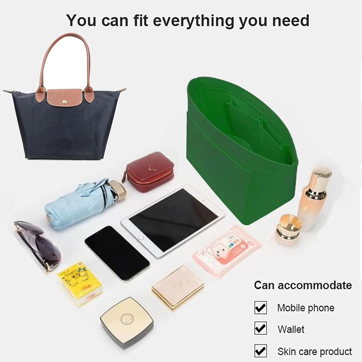 Purse Organizer Insert for Longchamp Le Pliage Neo(Large) Handbags Insert Organizer 1012green-L