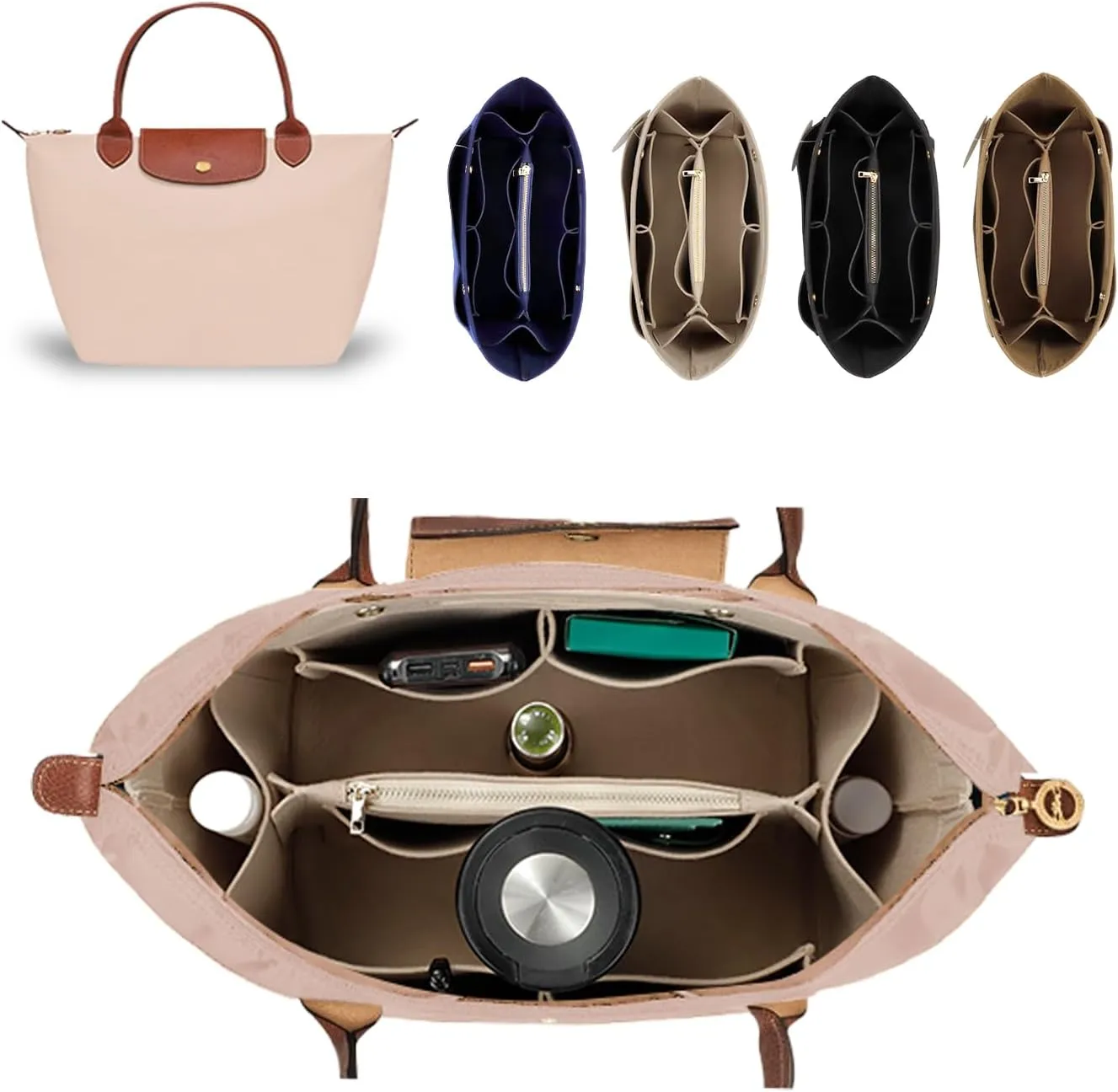 Purse Organizer Insert for Tote, Handbag Organizer Compatible with Shoulder Bag Large/Small, LE PLIAGE Top Handle Small/Medium (Beige, Medium)
