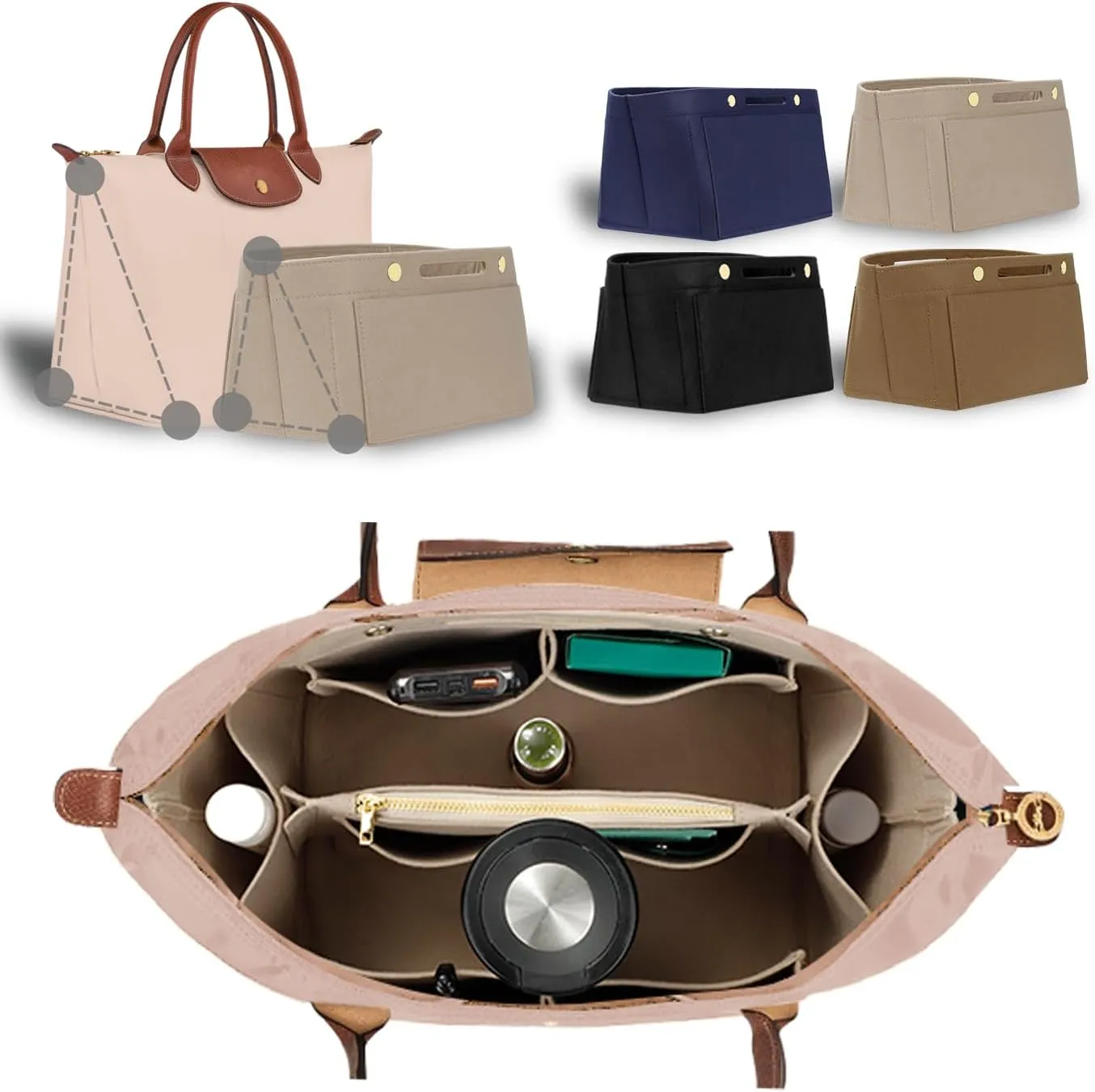 Purse Organizer Insert for Tote, Handbag Organizer Compatible with Shoulder Bag Large/Small, LE PLIAGE Top Handle Small/Medium (Beige, Medium)