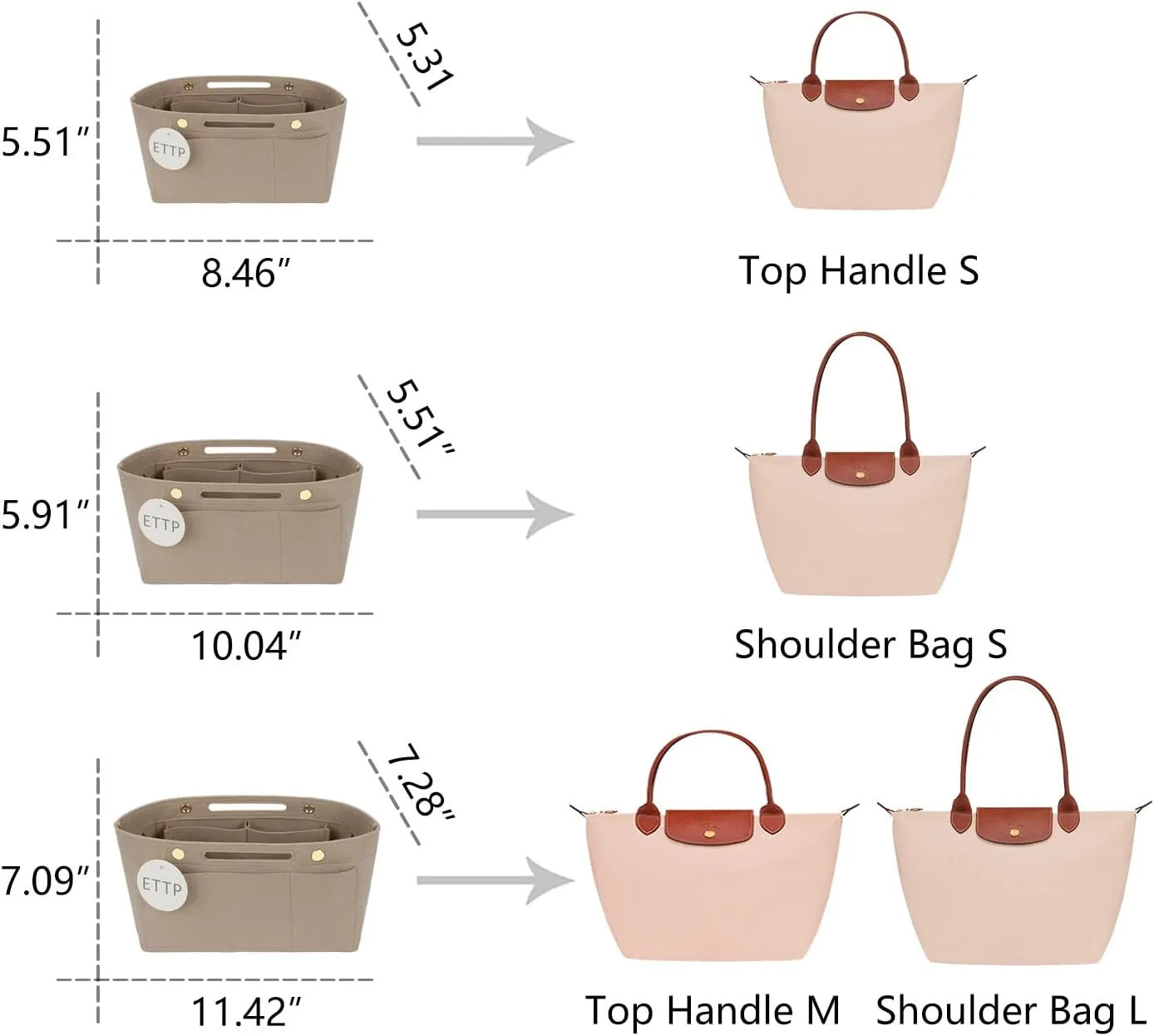 Purse Organizer Insert for Tote, Handbag Organizer Compatible with Shoulder Bag Large/Small, LE PLIAGE Top Handle Small/Medium (Beige, Medium)