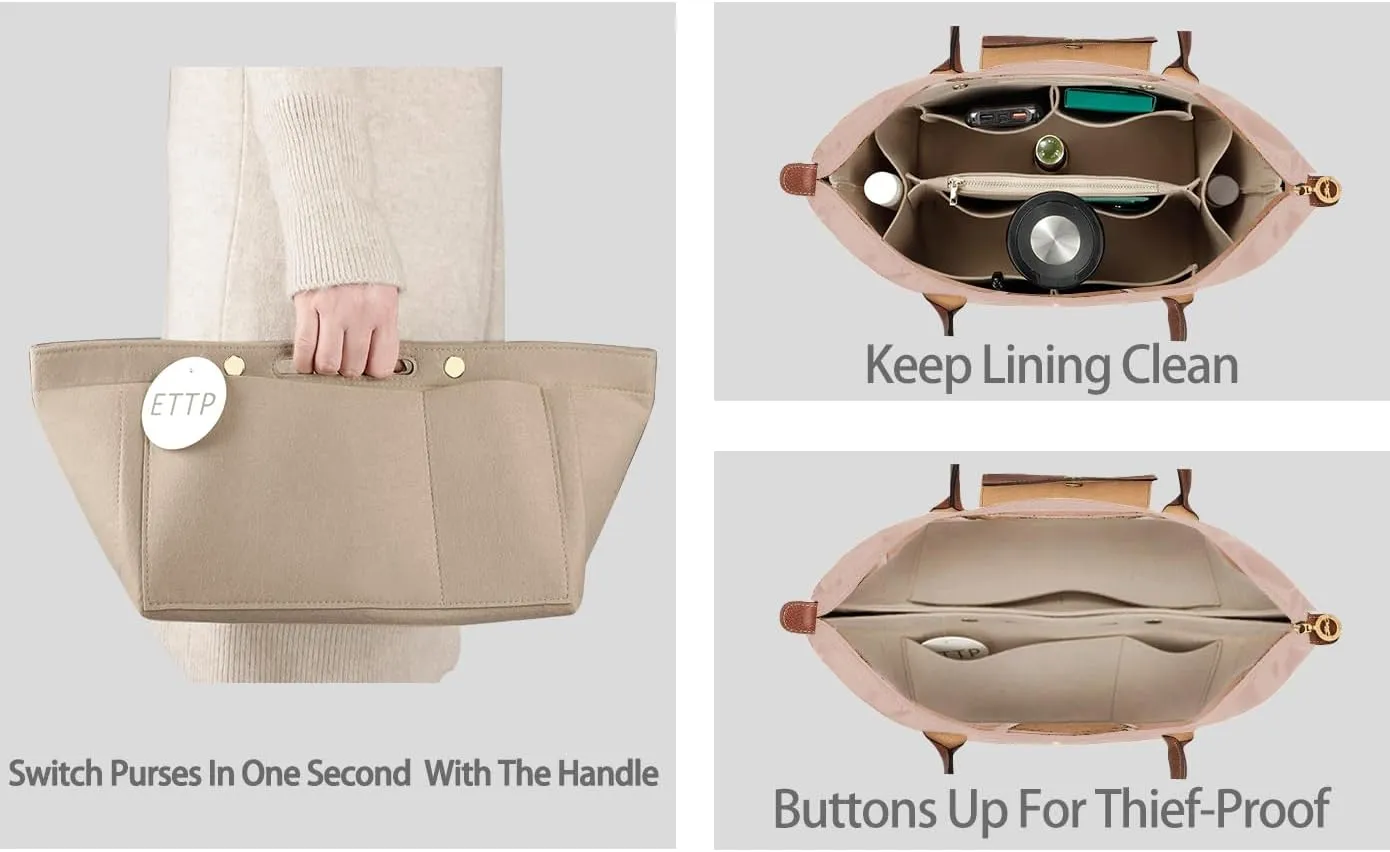 Purse Organizer Insert for Tote, Handbag Organizer Compatible with Shoulder Bag Large/Small, LE PLIAGE Top Handle Small/Medium (Beige, Medium)