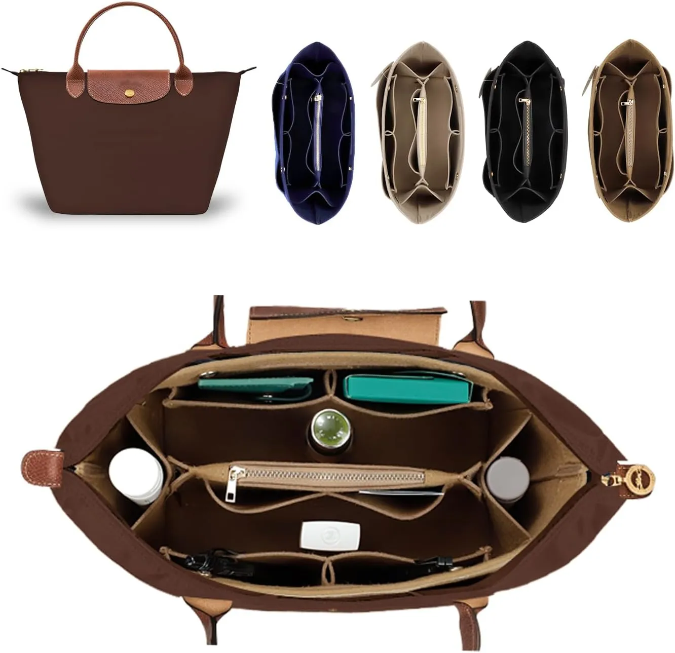 Purse Organizer Insert for Tote, Handbag Organizer Compatible with Shoulder Bag Large/Small, LE PLIAGE Top Handle Small/Medium (Lighting Coffee, Large)