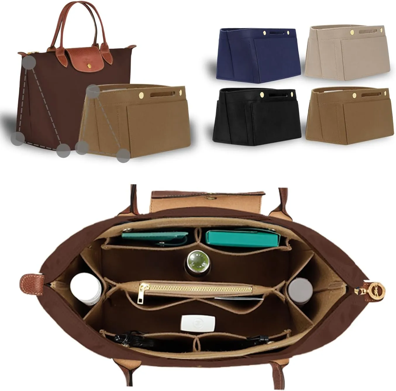 Purse Organizer Insert for Tote, Handbag Organizer Compatible with Shoulder Bag Large/Small, LE PLIAGE Top Handle Small/Medium (Lighting Coffee, Large)