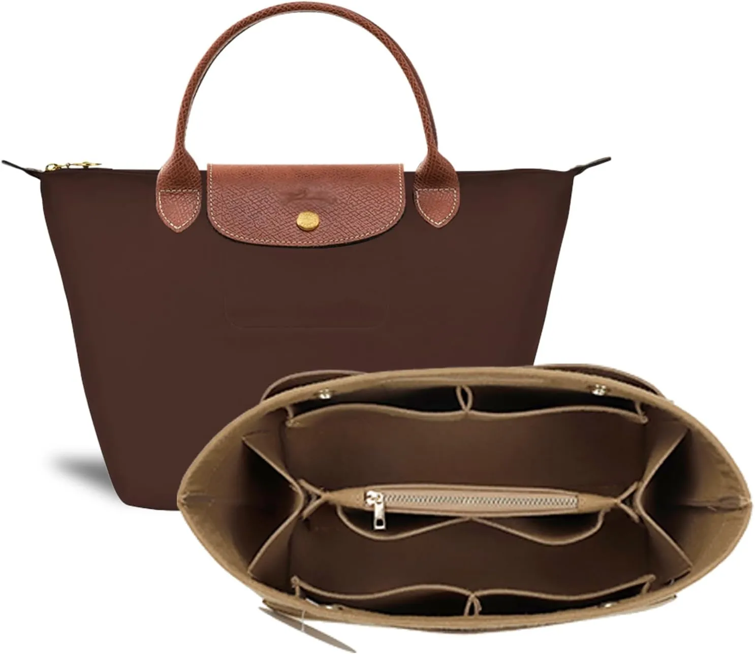 Purse Organizer Insert for Tote, Handbag Organizer Compatible with Shoulder Bag Large/Small, LE PLIAGE Top Handle Small/Medium (Lighting Coffee, Large)