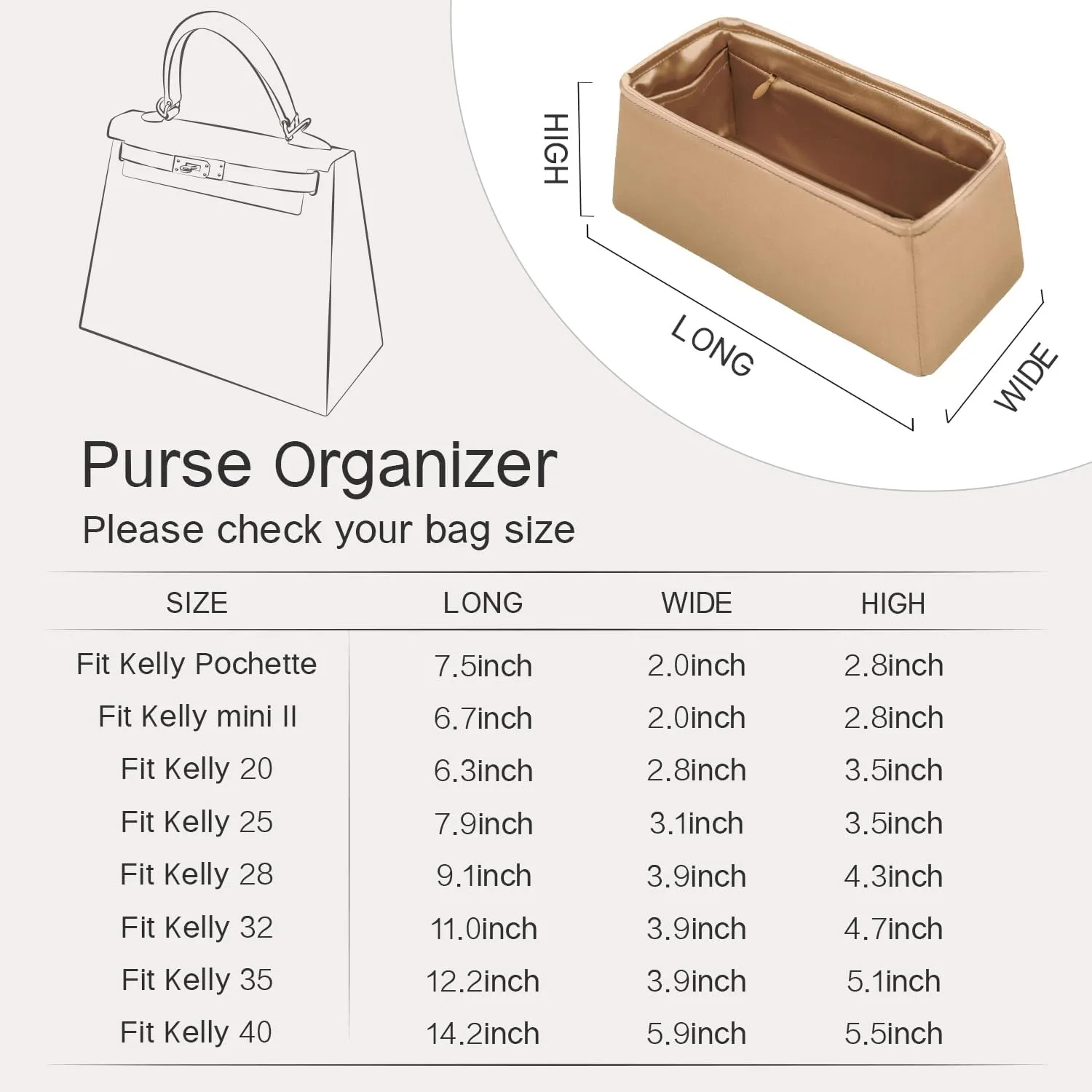 Purse Organizer Insert Silk fabric for Women Handbags&Totebag,Bag Organizer with Zipper Compatible with Kelly (Kelly25 with Zipper,Champagne)