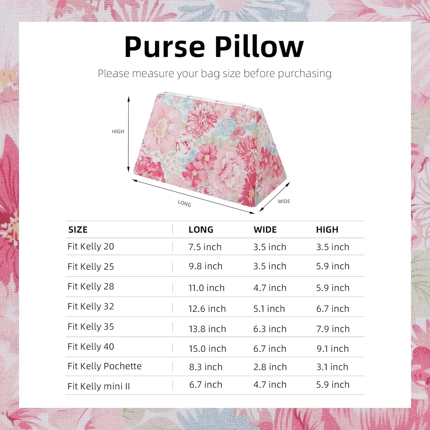 Purse Pillow Insert for Kelly mini/25/28/32/35 bags, Soft Memory Foam Bag Pillow, Luxury Handbag Tote Shaper (Kelly28,Blooming)