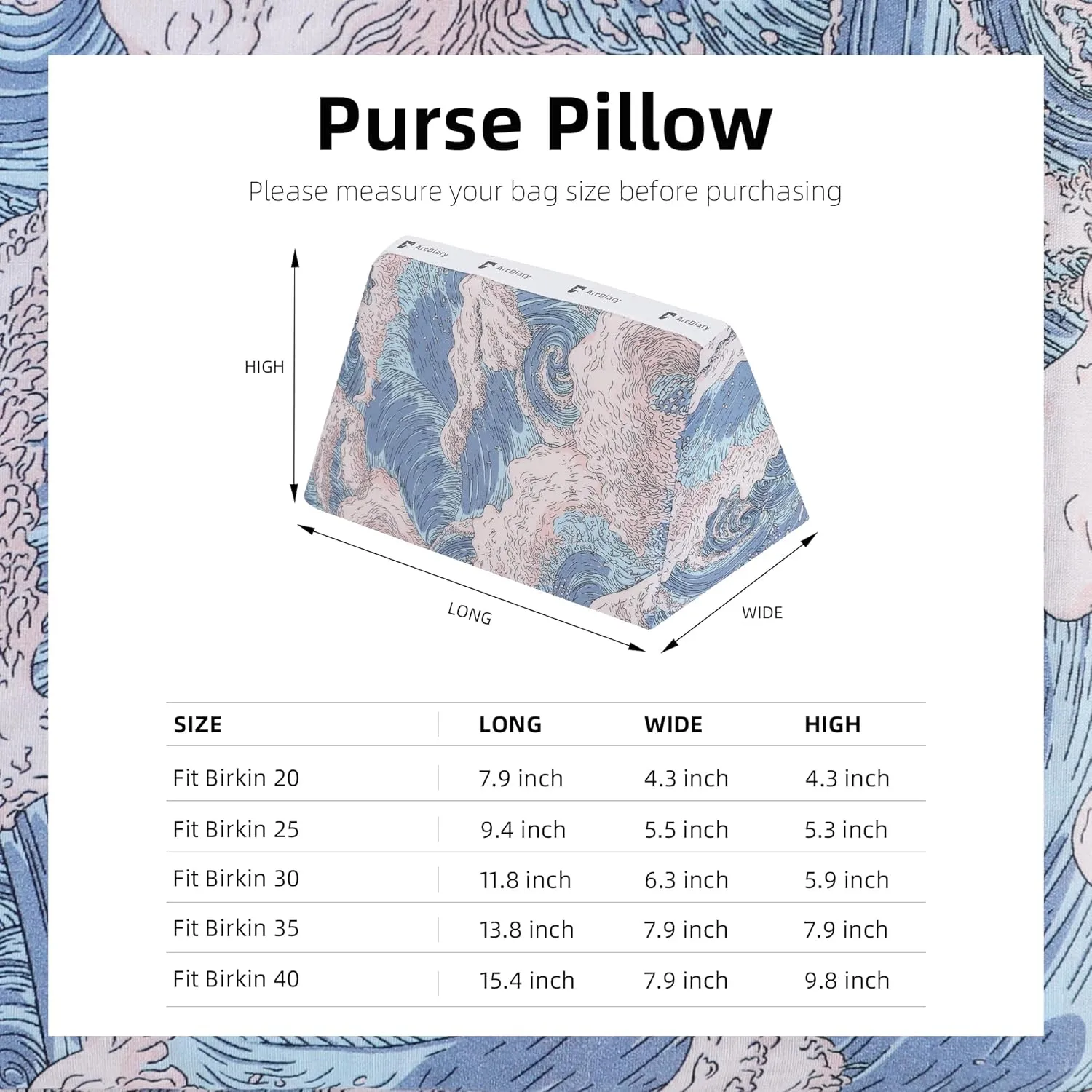 Purse Pillow Shaper Insert, Birkin 30 Bag Pillow, Memory Foam, Keep Bag Shape, for Birkin 25/30/35/40 bags (BK30,Sea and waves)