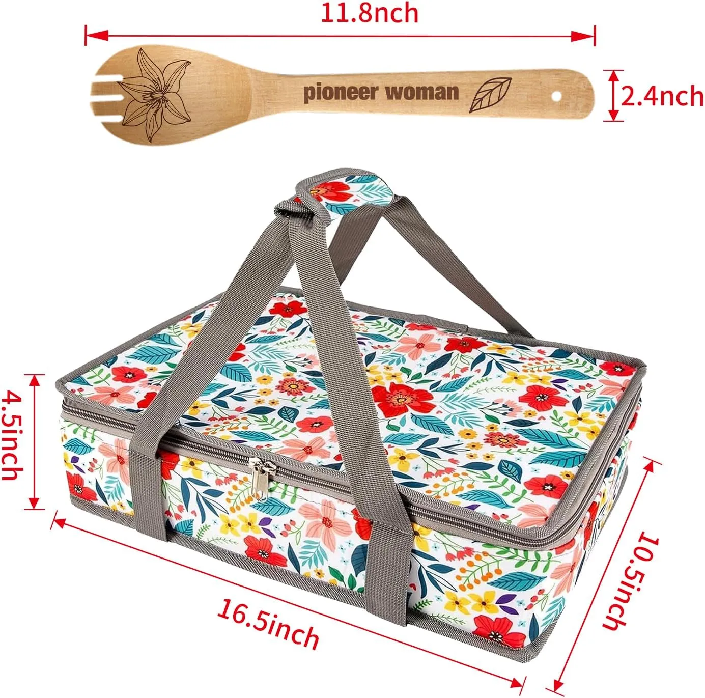 QEES Pioneer Woman Insulated Casserole Carriers for Hot or Cold Food  5 Cute Wooden Spoons .Pioneer Woman Kitchen Stuff.Pioneer Woman Kitchen Accessories,Gifts for Women