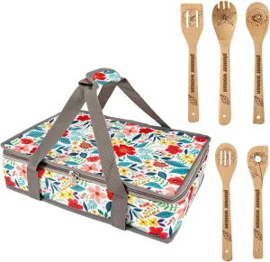 QEES Pioneer Woman Insulated Casserole Carriers for Hot or Cold Food  5 Cute Wooden Spoons .Pioneer Woman Kitchen Stuff.Pioneer Woman Kitchen Accessories,Gifts for Women