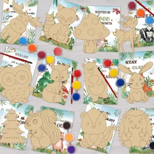 QICI 24 PCS Woodland Animals Cards with Art Supplies - Woodland Animals Wood Painting Craft Kits - Kids Christmas Birthday Boys Girls Gifts Bulk - Woodland Animals Party Favors