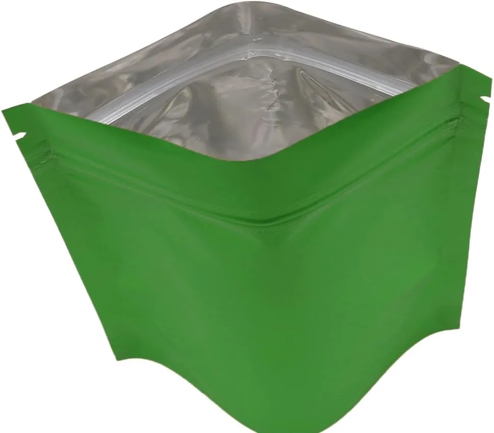 QQ Studio Pack of 100 Matte/Glossy Color Stand-Up Foil Resealable Zipper Pouches (3.3" x 5.1", Matte Green)