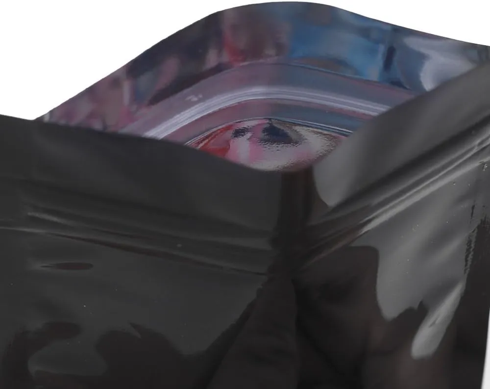 QQ Studio Pack of 100 Matte/Glossy Color Stand-Up Foil Resealable Zipper Pouches (4.7" x 7.1", Glossy Black)