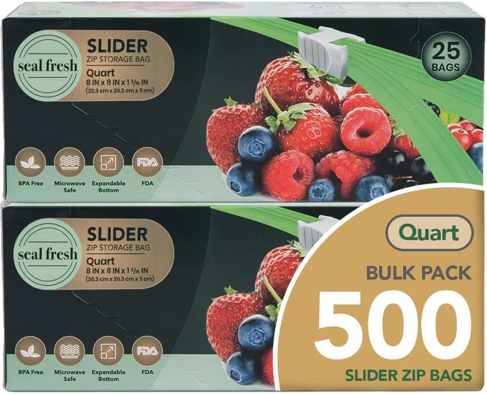 Quart Slider Storage Bags (500 Count) with Expandable Bottom, BPA Free, Microwave Safe – Clear Storage Organizer, Large Reusable Freezer Bags