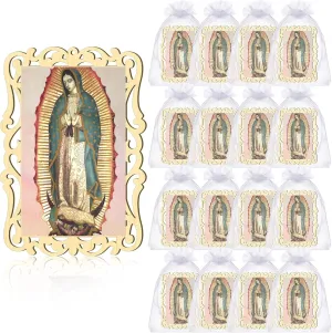 Quelay 12 Pcs Our Lady of Guadalupe Wooden Picture Frames with Organza Gift Bags Baptism Favors for Guests First Communion Christening Memorial Engrave Guest Gift Catholic Gifts Recuerdos De Bautizo