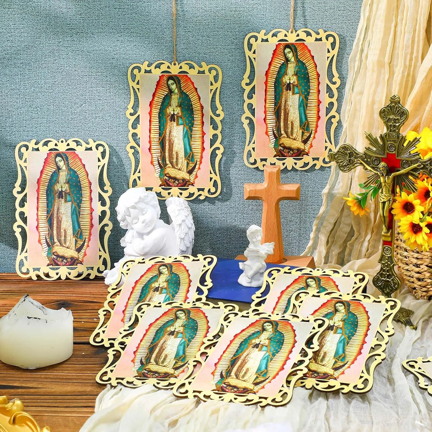 Quelay 12 Pcs Our Lady of Guadalupe Wooden Picture Frames with Organza Gift Bags Baptism Favors for Guests First Communion Christening Memorial Engrave Guest Gift Catholic Gifts Recuerdos De Bautizo