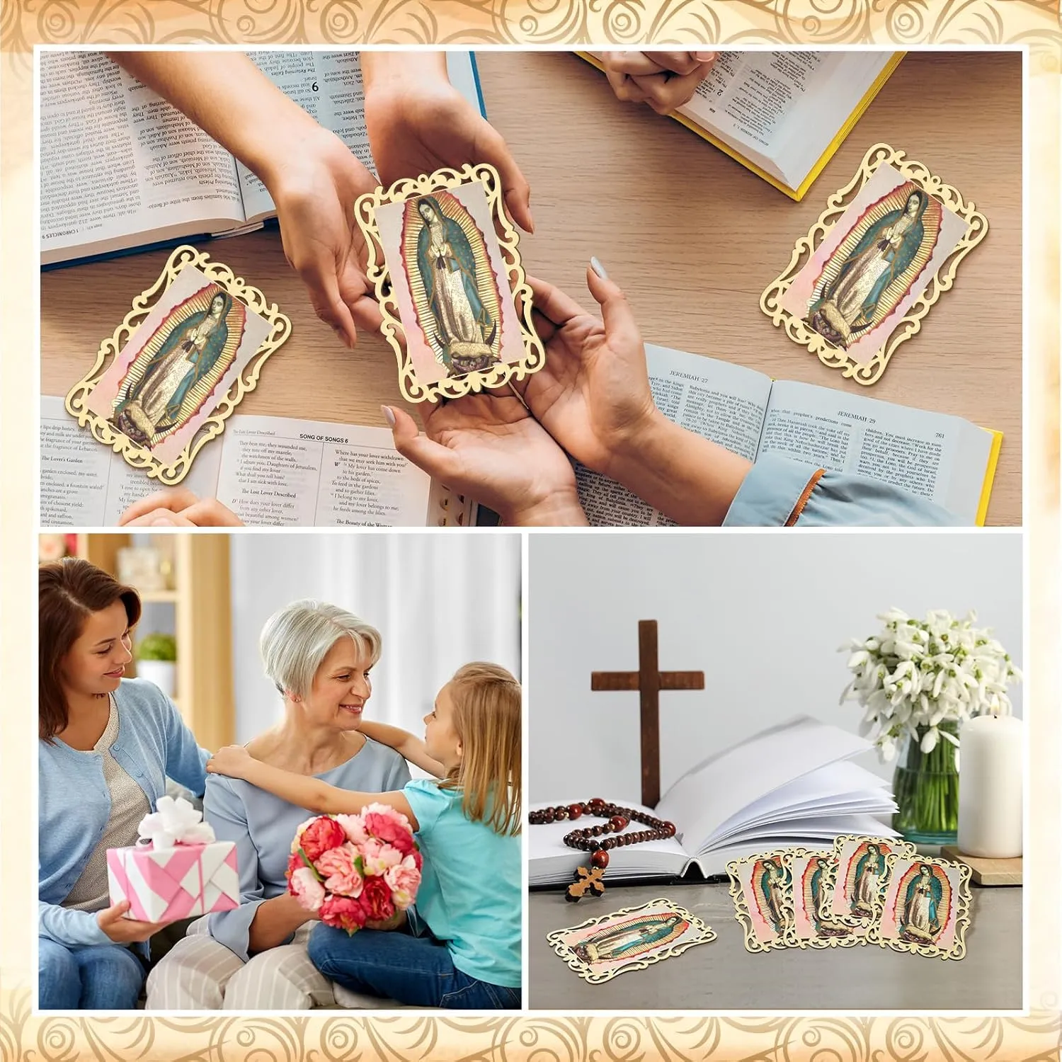 Quelay 12 Pcs Our Lady of Guadalupe Wooden Picture Frames with Organza Gift Bags Baptism Favors for Guests First Communion Christening Memorial Engrave Guest Gift Catholic Gifts Recuerdos De Bautizo
