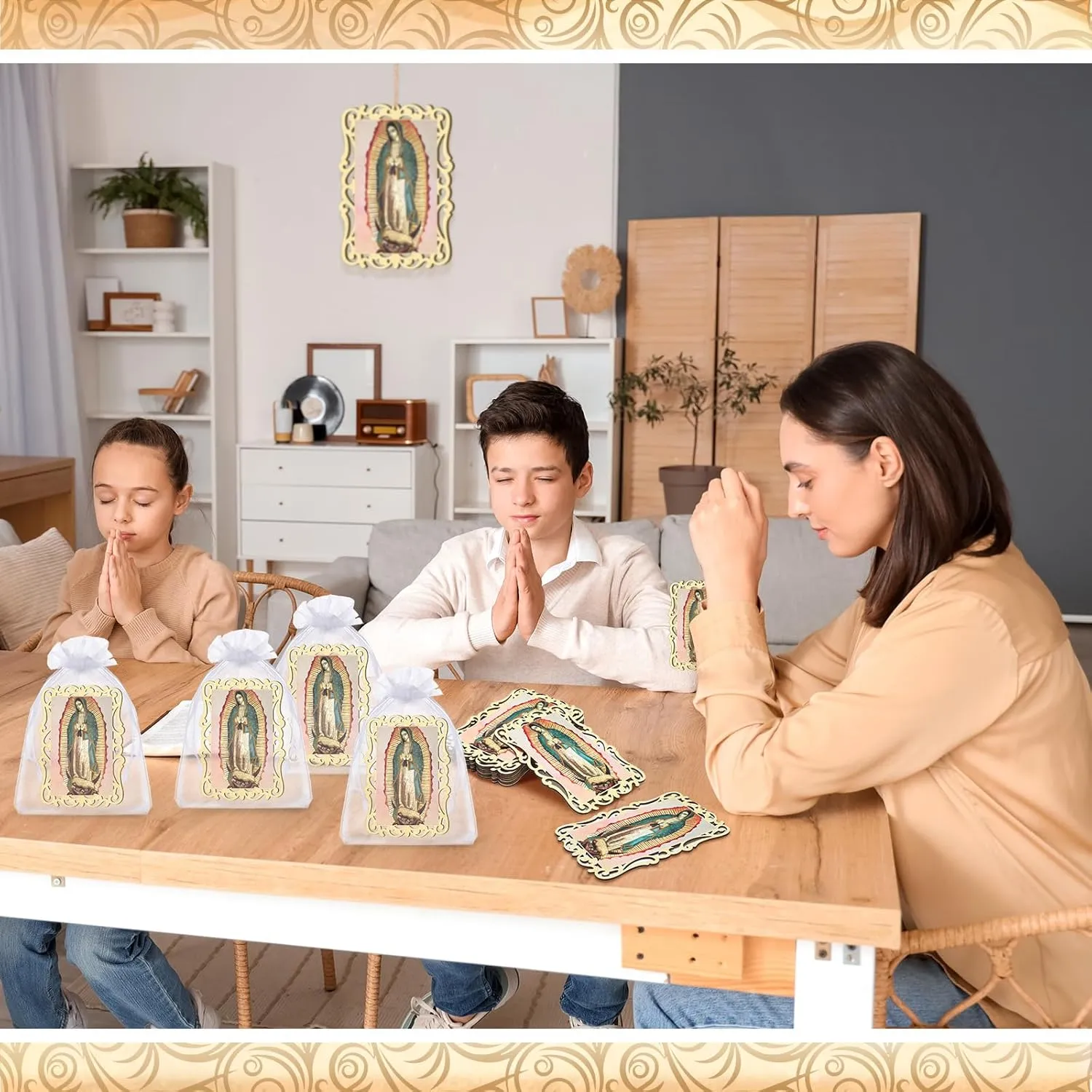 Quelay 12 Pcs Our Lady of Guadalupe Wooden Picture Frames with Organza Gift Bags Baptism Favors for Guests First Communion Christening Memorial Engrave Guest Gift Catholic Gifts Recuerdos De Bautizo