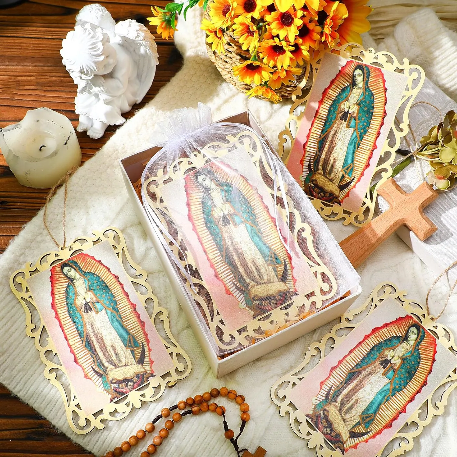 Quelay 12 Pcs Our Lady of Guadalupe Wooden Picture Frames with Organza Gift Bags Baptism Favors for Guests First Communion Christening Memorial Engrave Guest Gift Catholic Gifts Recuerdos De Bautizo