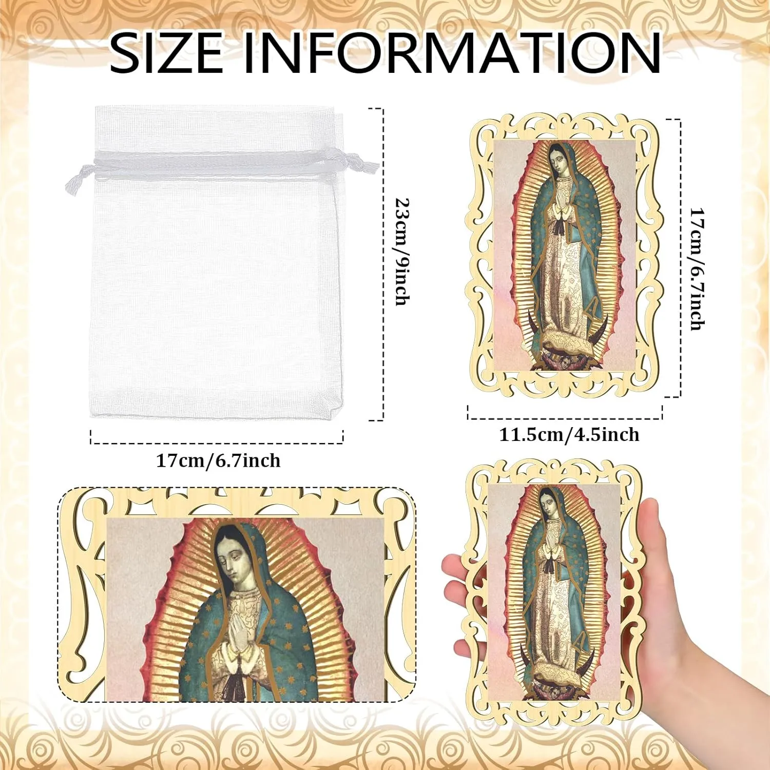 Quelay 12 Pcs Our Lady of Guadalupe Wooden Picture Frames with Organza Gift Bags Baptism Favors for Guests First Communion Christening Memorial Engrave Guest Gift Catholic Gifts Recuerdos De Bautizo