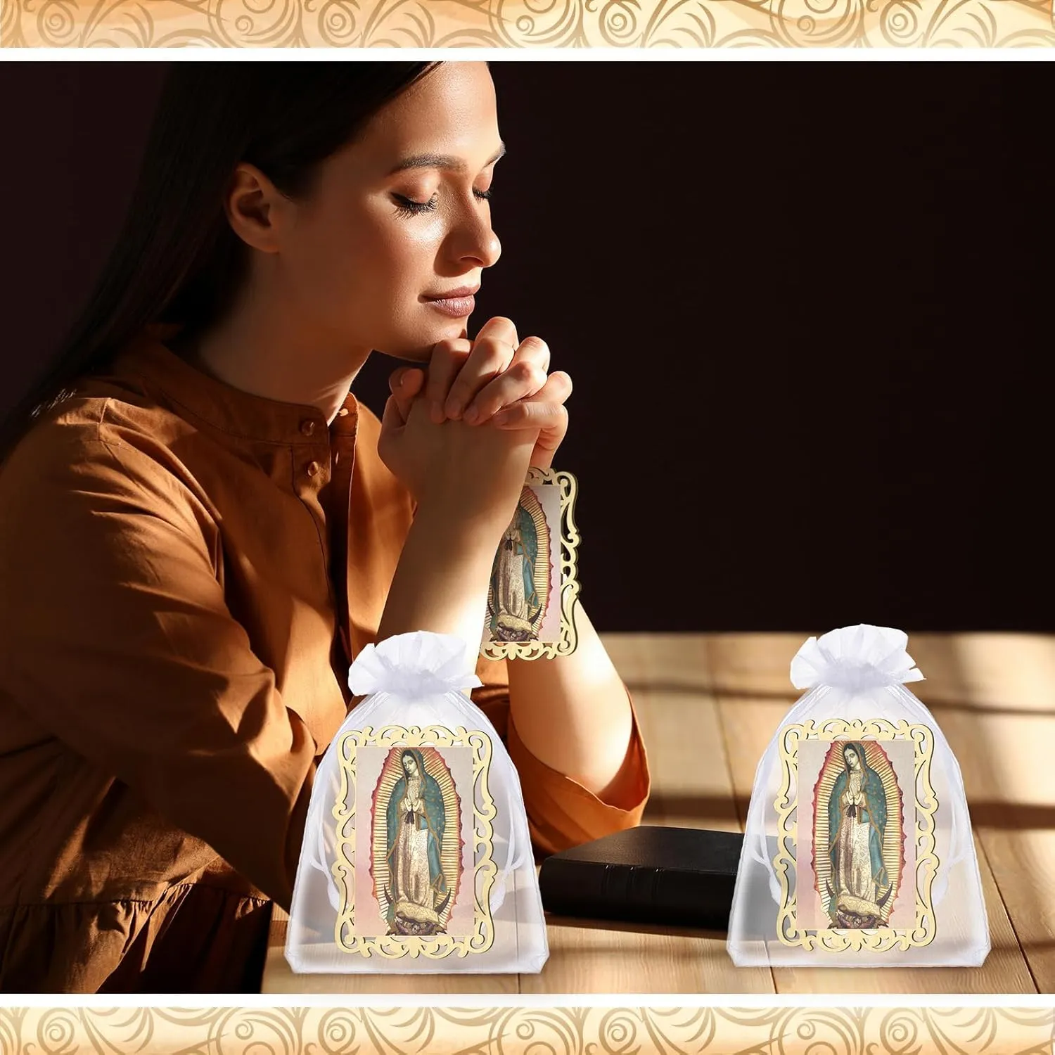 Quelay 12 Pcs Our Lady of Guadalupe Wooden Picture Frames with Organza Gift Bags Baptism Favors for Guests First Communion Christening Memorial Engrave Guest Gift Catholic Gifts Recuerdos De Bautizo