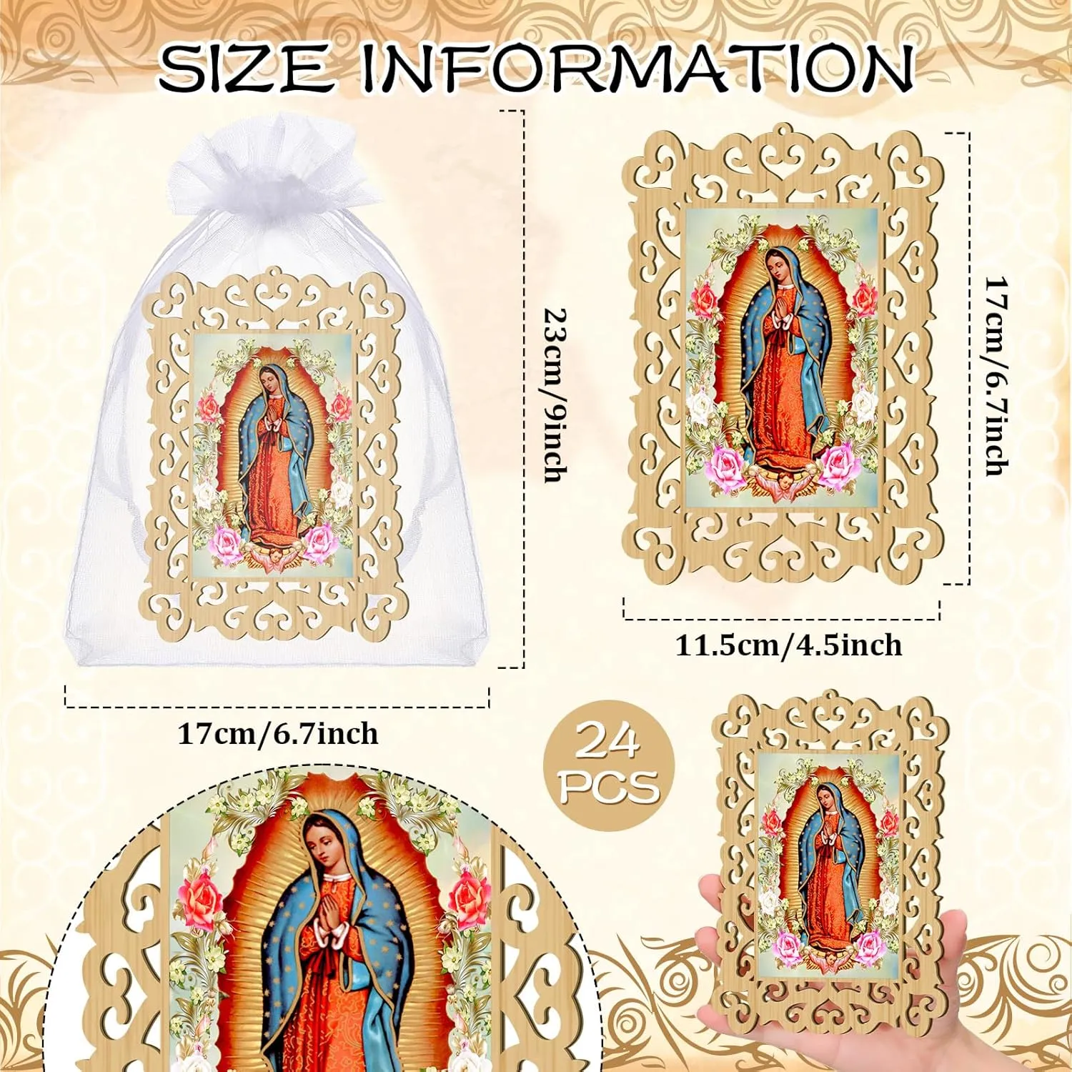 Quelay 24 Pcs Our Lady of Guadalupe Wooden Picture Frames with Organza Gift Bags Baptism Favors for Guests First Communion Christening Memorial Engrave Guest Gift Catholic Gifts Recuerdos De Bautizo