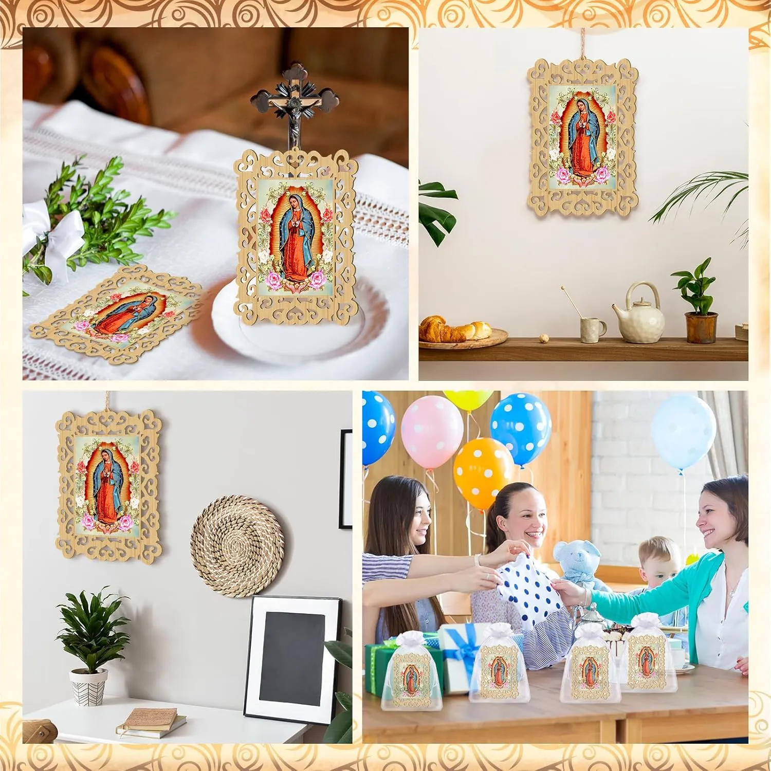Quelay 24 Pcs Our Lady of Guadalupe Wooden Picture Frames with Organza Gift Bags Baptism Favors for Guests First Communion Christening Memorial Engrave Guest Gift Catholic Gifts Recuerdos De Bautizo