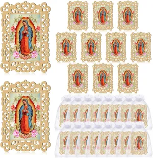 Quelay 24 Pcs Our Lady of Guadalupe Wooden Picture Frames with Organza Gift Bags Baptism Favors for Guests First Communion Christening Memorial Engrave Guest Gift Catholic Gifts Recuerdos De Bautizo