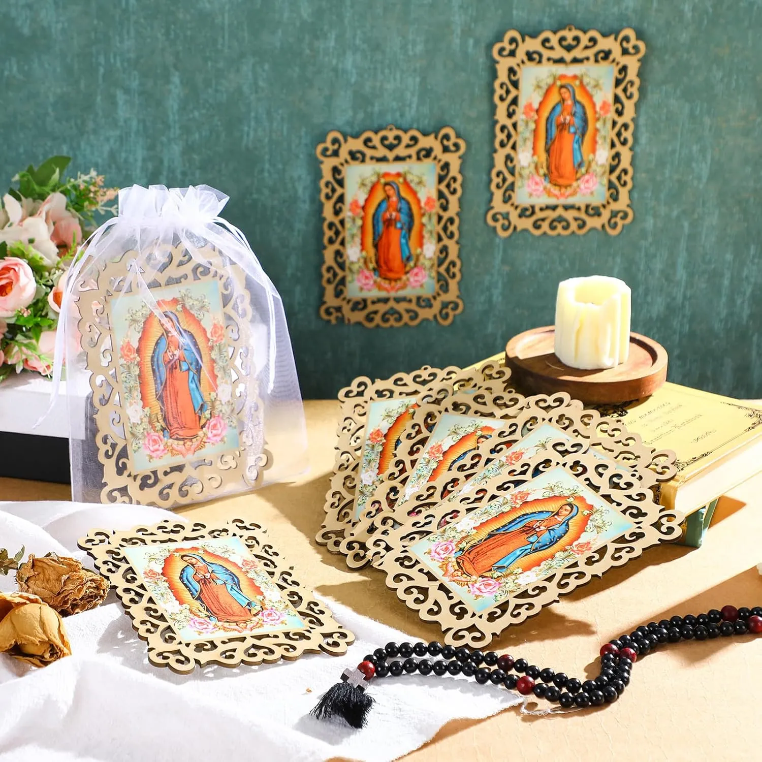 Quelay 24 Pcs Our Lady of Guadalupe Wooden Picture Frames with Organza Gift Bags Baptism Favors for Guests First Communion Christening Memorial Engrave Guest Gift Catholic Gifts Recuerdos De Bautizo