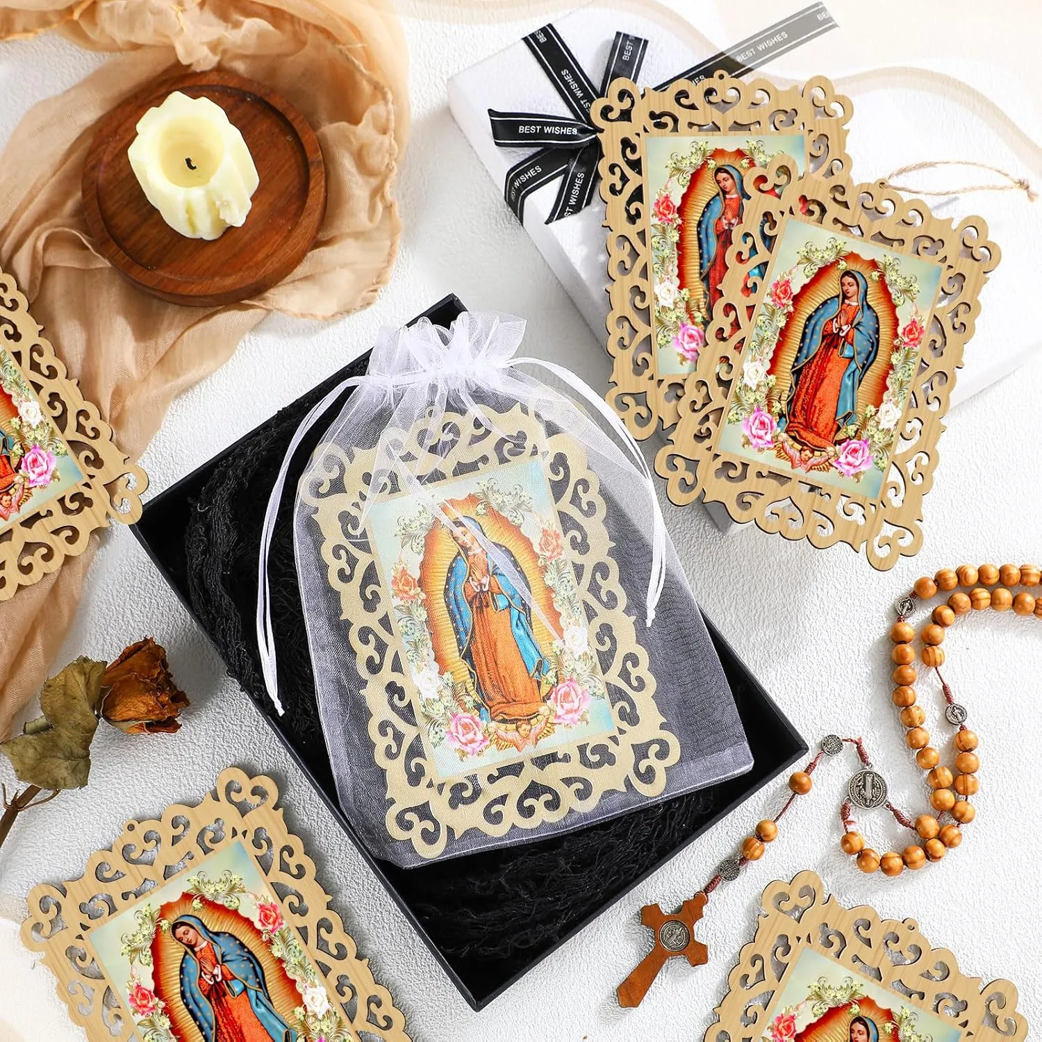 Quelay 24 Pcs Our Lady of Guadalupe Wooden Picture Frames with Organza Gift Bags Baptism Favors for Guests First Communion Christening Memorial Engrave Guest Gift Catholic Gifts Recuerdos De Bautizo