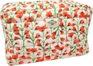 Quilted Cotton Makeup Travel Bag | Large Size | Cosmetic Organizer Case | For Women & Girls | Brush & Accessories Storage | Purse | Cute Aesthetic Floral Toiletry Bag | Pink