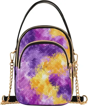 Quilted Crossbody Bags for Women,Yellow and Violet Fabric Tie Dye Pattern Ink Women's Crossbody Handbags Small Travel Purses Phone Bag