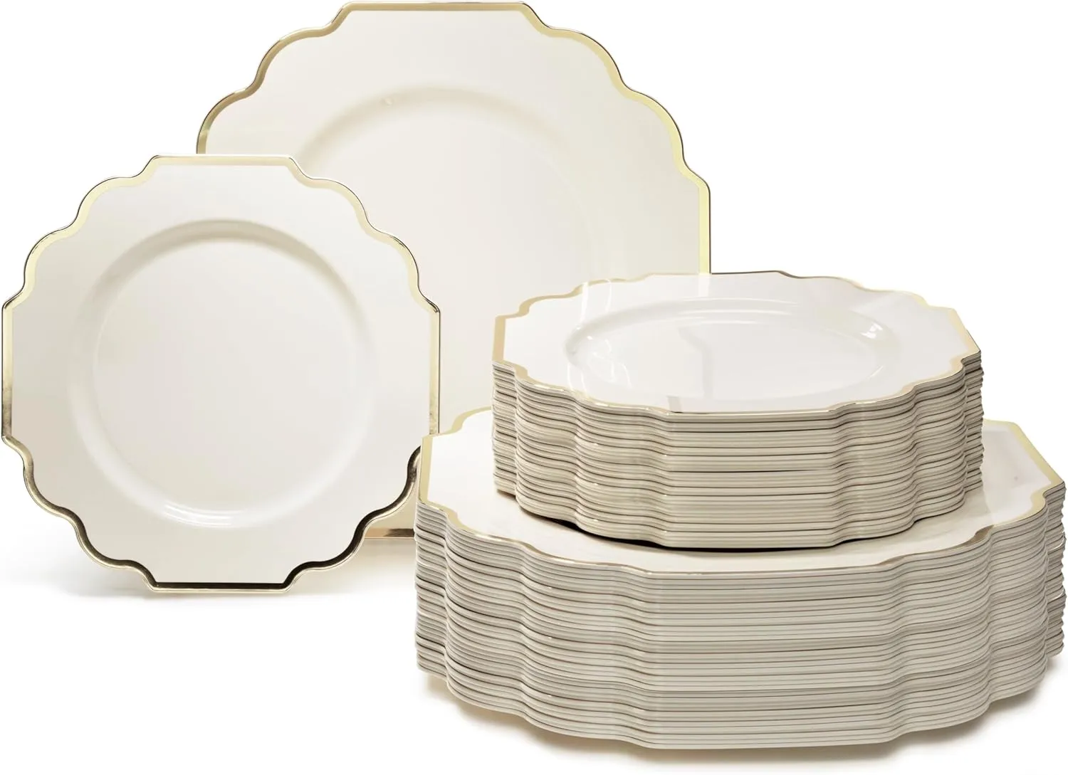 " OCCASIONS " 120 Plates Pack,(60 Guests) Heavyweight Wedding Party Disposable Plastic Plates Set -60 x 10.5'' Dinner   60 x 8'' Salad/Dessert Plate (Imperial Ivory & Gold)