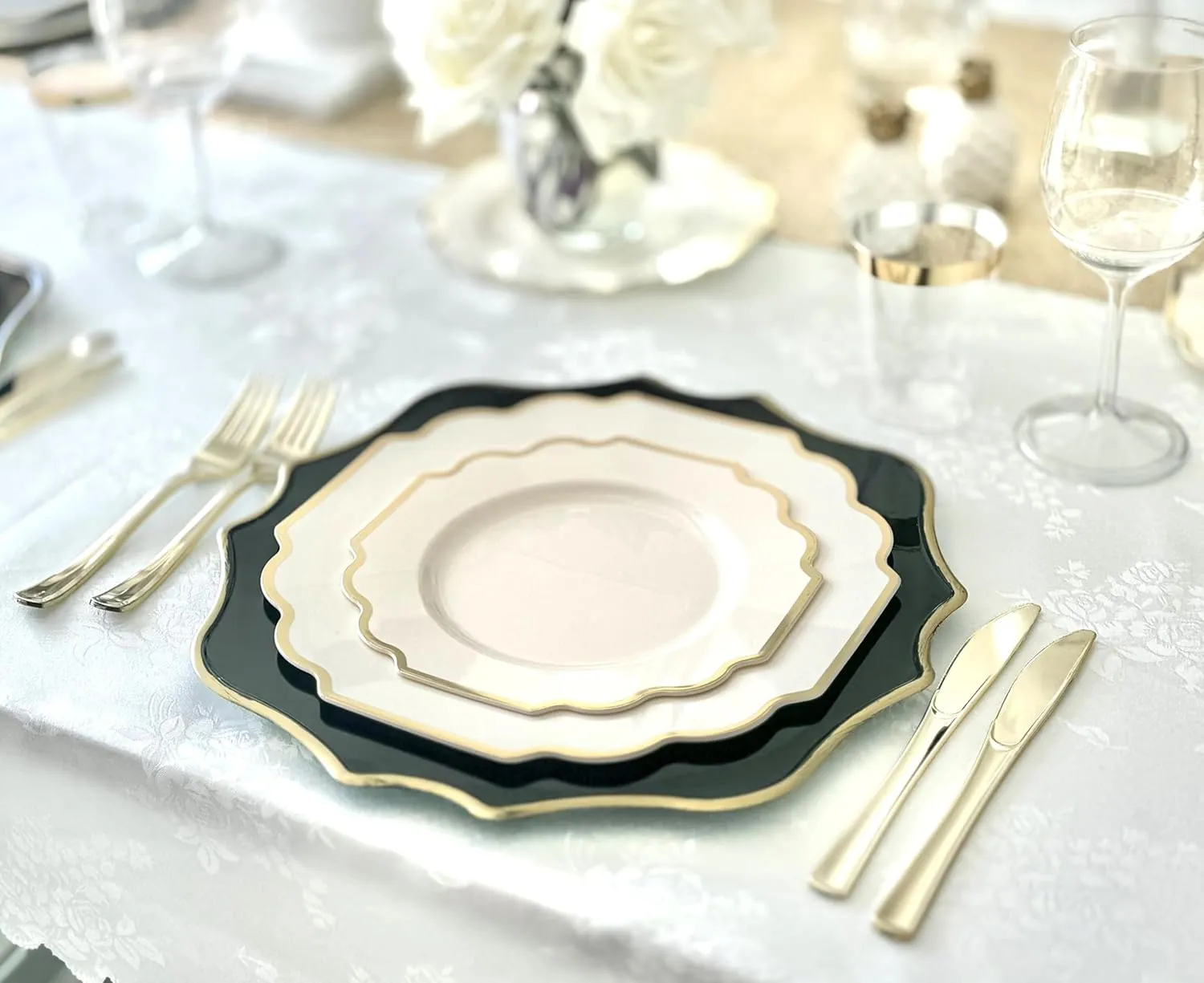 " OCCASIONS " 120 Plates Pack,(60 Guests) Heavyweight Wedding Party Disposable Plastic Plates Set -60 x 10.5'' Dinner   60 x 8'' Salad/Dessert Plate (Imperial Ivory & Gold)