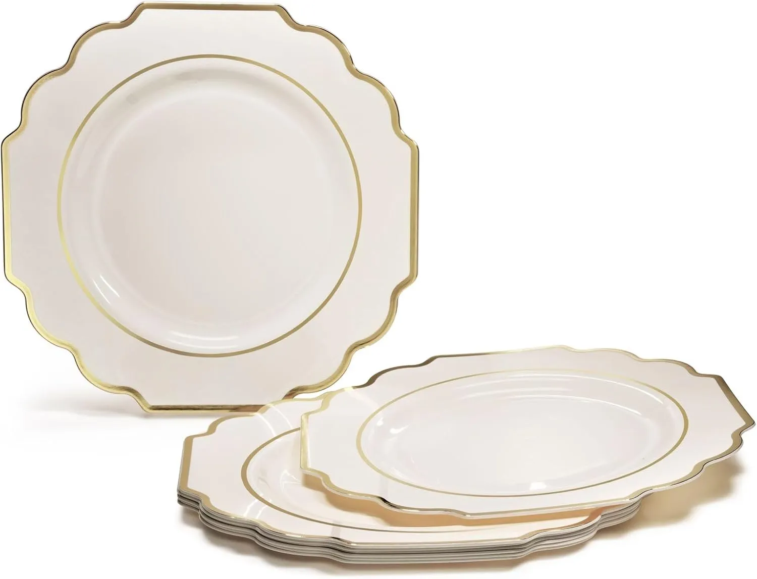 " OCCASIONS " 120 Plates Pack,(60 Guests) Heavyweight Wedding Party Disposable Plastic Plates Set -60 x 10.5'' Dinner   60 x 8'' Salad/Dessert Plate (Imperial Ivory & Gold)