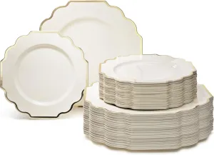 " OCCASIONS " 120 Plates Pack,(60 Guests) Heavyweight Wedding Party Disposable Plastic Plates Set -60 x 10.5'' Dinner   60 x 8'' Salad/Dessert Plate (Imperial Ivory & Gold)