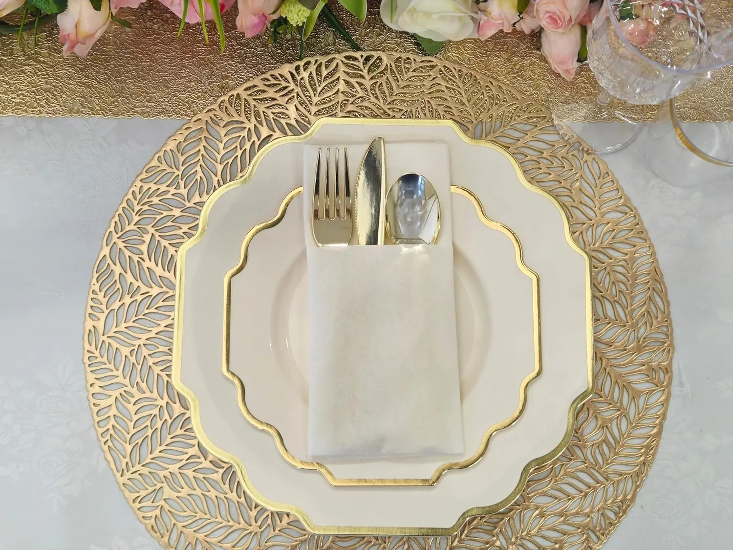" OCCASIONS " 120 Plates Pack,(60 Guests) Heavyweight Wedding Party Disposable Plastic Plates Set -60 x 10.5'' Dinner   60 x 8'' Salad/Dessert Plate (Imperial Ivory & Gold)
