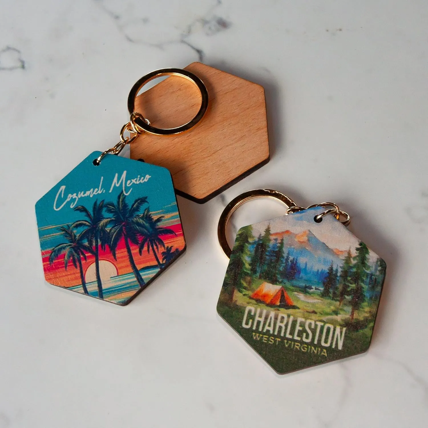 R and R Imports Elgin Nebraska Souvenir Hexagon Engraved Wooden Keychain Explore the Outdoors