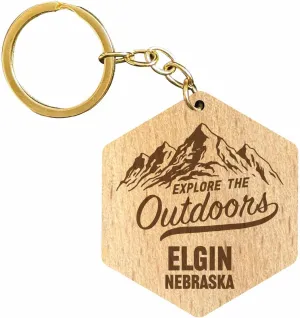 R and R Imports Elgin Nebraska Souvenir Hexagon Engraved Wooden Keychain Explore the Outdoors