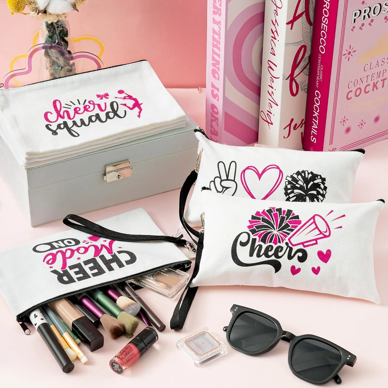 R HORSE 9Pcs Cheerleader Makeup Bag Inspirational Gifts for Women Girls, Girl Cheerleading Canvas Cosmetic Toiletry Pouch Bag Christmas Birthday Gifts for Cheer Team Cheerleader Teammates