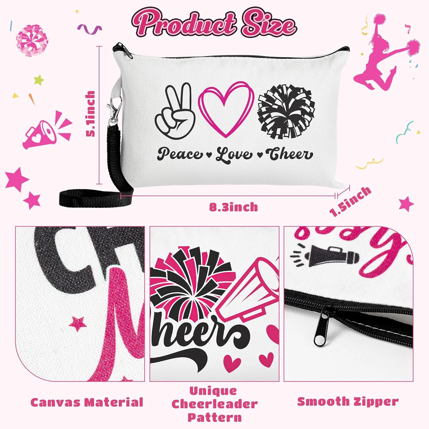 R HORSE 9Pcs Cheerleader Makeup Bag Inspirational Gifts for Women Girls, Girl Cheerleading Canvas Cosmetic Toiletry Pouch Bag Christmas Birthday Gifts for Cheer Team Cheerleader Teammates