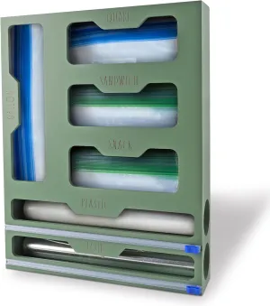 Rae Dunn Bamboo Bag Organizer for Kitchen Drawer - Durable Wood Organizer for Kitchen Storage - Holds Gallon, Quart, Snack, Sandwich Size Baggies, Plastic Wrap and Foil