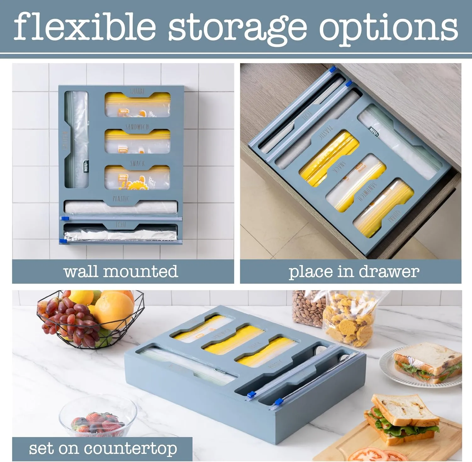 Rae Dunn Bamboo Bag Organizer for Kitchen Drawer - Durable Wood Organizer for Kitchen Storage - Holds Gallon, Quart, Snack, Sandwich Size Baggies, Plastic Wrap and Foil