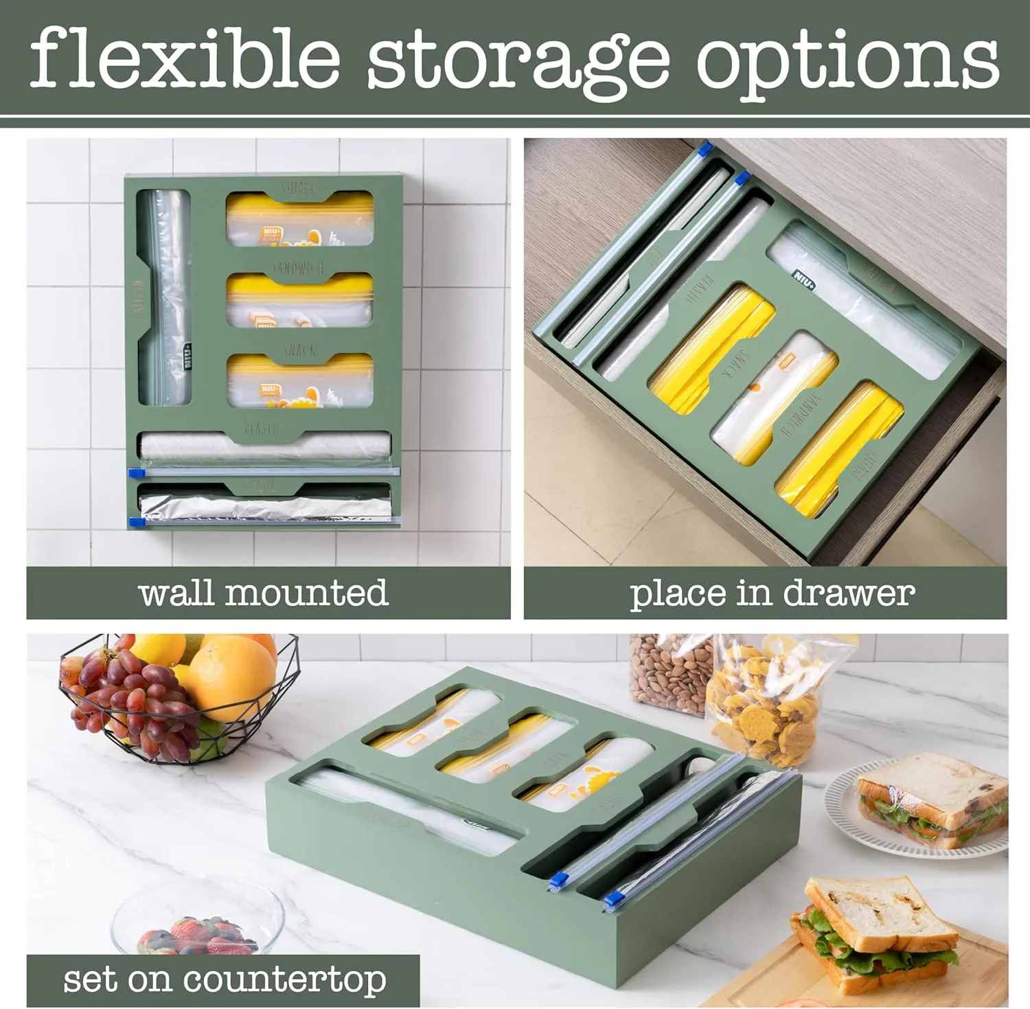 Rae Dunn Bamboo Bag Organizer for Kitchen Drawer - Durable Wood Organizer for Kitchen Storage - Holds Gallon, Quart, Snack, Sandwich Size Baggies, Plastic Wrap and Foil