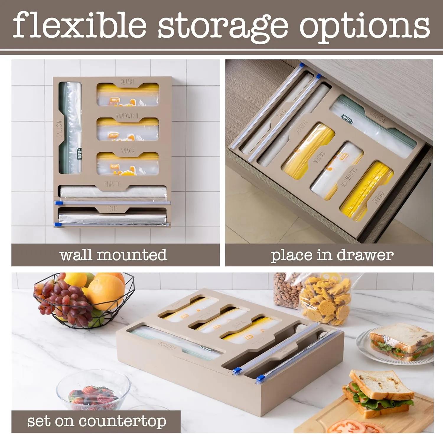 Rae Dunn Bamboo Bag Organizer for Kitchen Drawer - Durable Wood Organizer for Kitchen Storage - Holds Gallon, Quart, Snack, Sandwich Size Baggies, Plastic Wrap and Foil