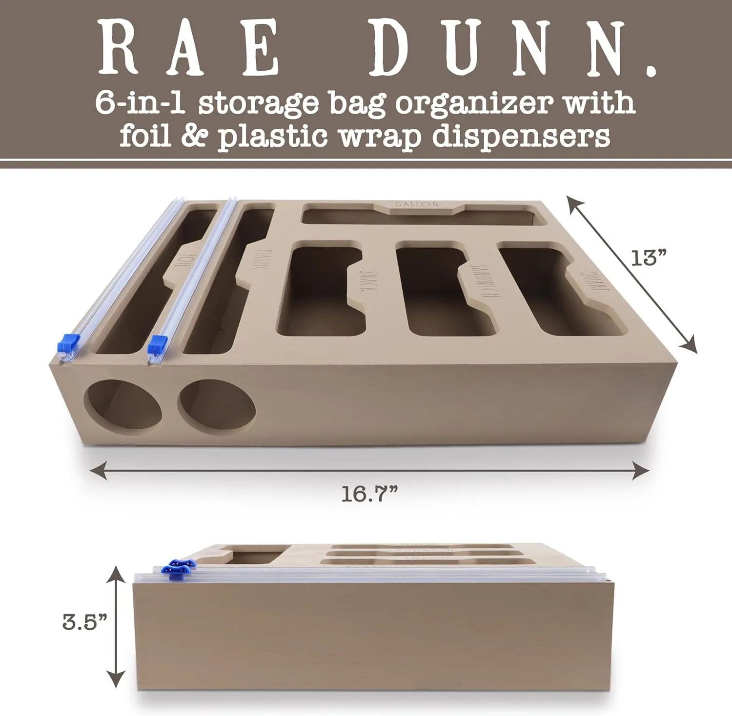 Rae Dunn Bamboo Bag Organizer for Kitchen Drawer - Durable Wood Organizer for Kitchen Storage - Holds Gallon, Quart, Snack, Sandwich Size Baggies, Plastic Wrap and Foil