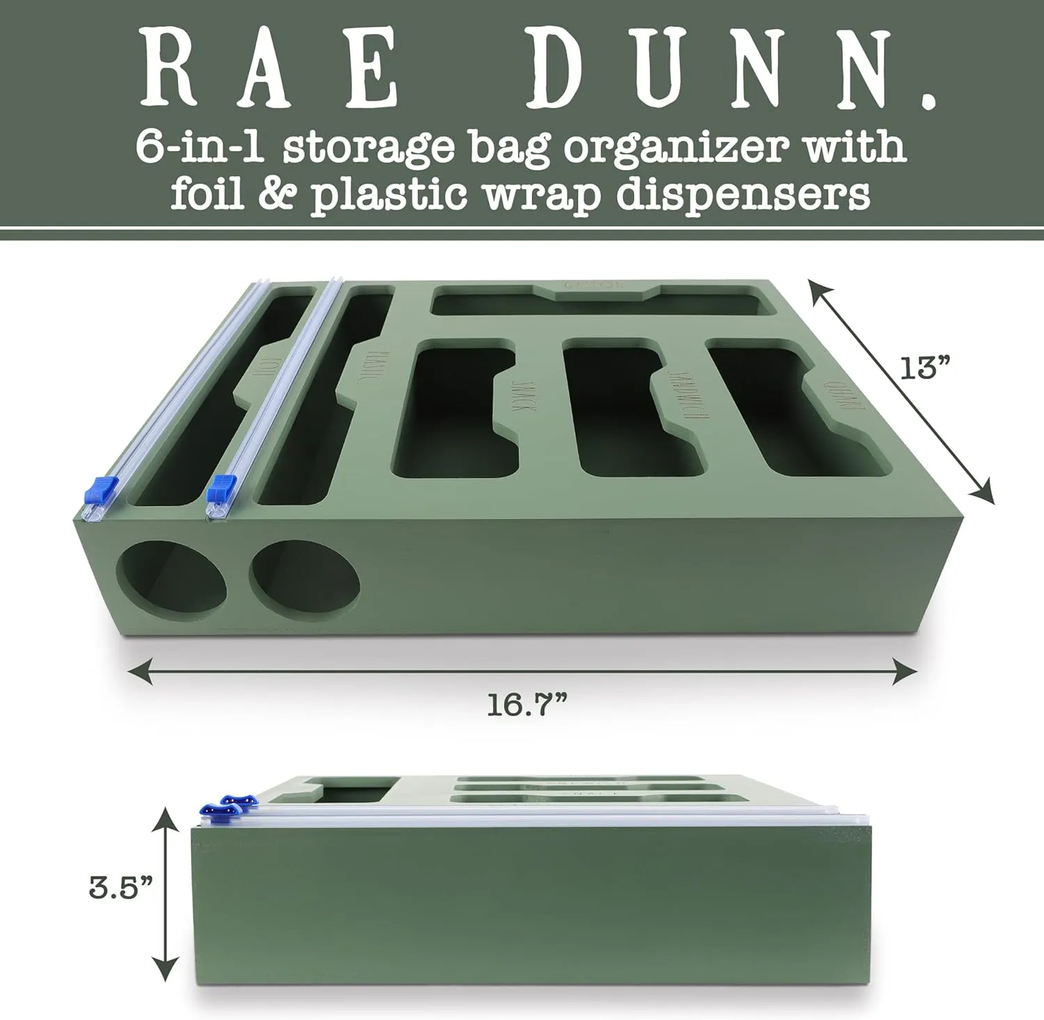 Rae Dunn Bamboo Bag Organizer for Kitchen Drawer - Durable Wood Organizer for Kitchen Storage - Holds Gallon, Quart, Snack, Sandwich Size Baggies, Plastic Wrap and Foil