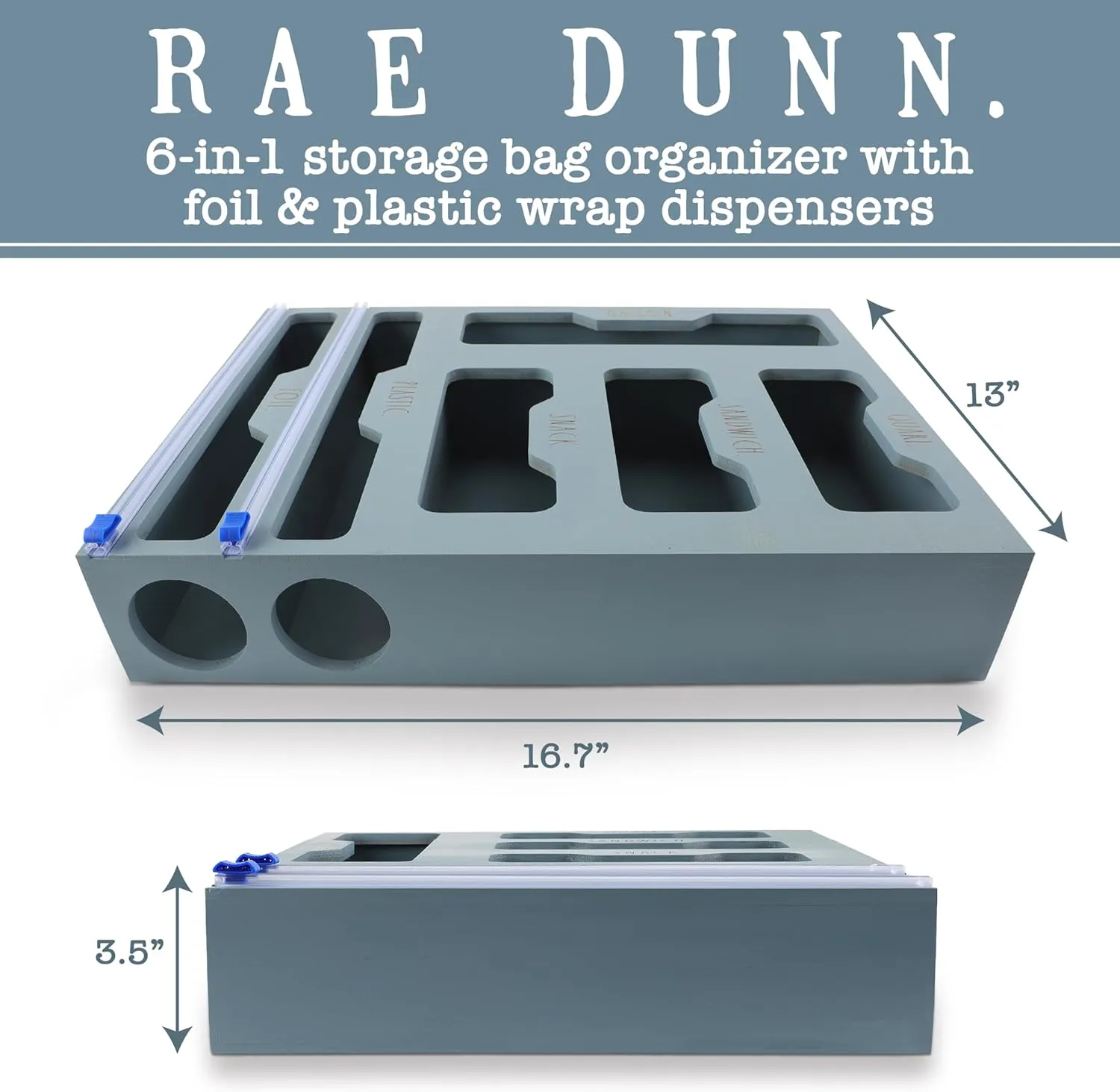 Rae Dunn Bamboo Bag Organizer for Kitchen Drawer - Durable Wood Organizer for Kitchen Storage - Holds Gallon, Quart, Snack, Sandwich Size Baggies, Plastic Wrap and Foil