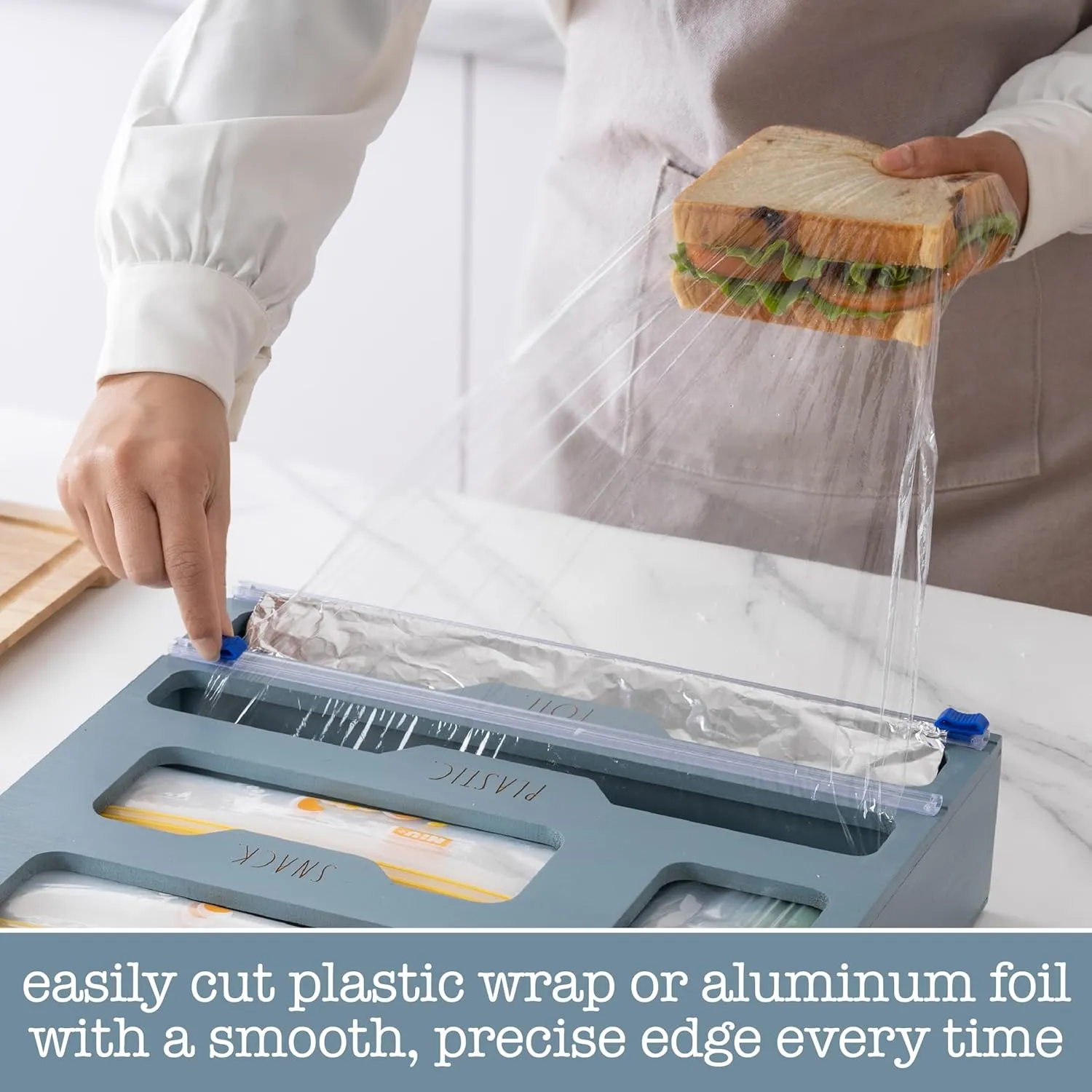 Rae Dunn Bamboo Bag Organizer for Kitchen Drawer - Durable Wood Organizer for Kitchen Storage - Holds Gallon, Quart, Snack, Sandwich Size Baggies, Plastic Wrap and Foil